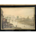 Late eighteenth century English school, pencil and watercolour, river landscape with fisherman in