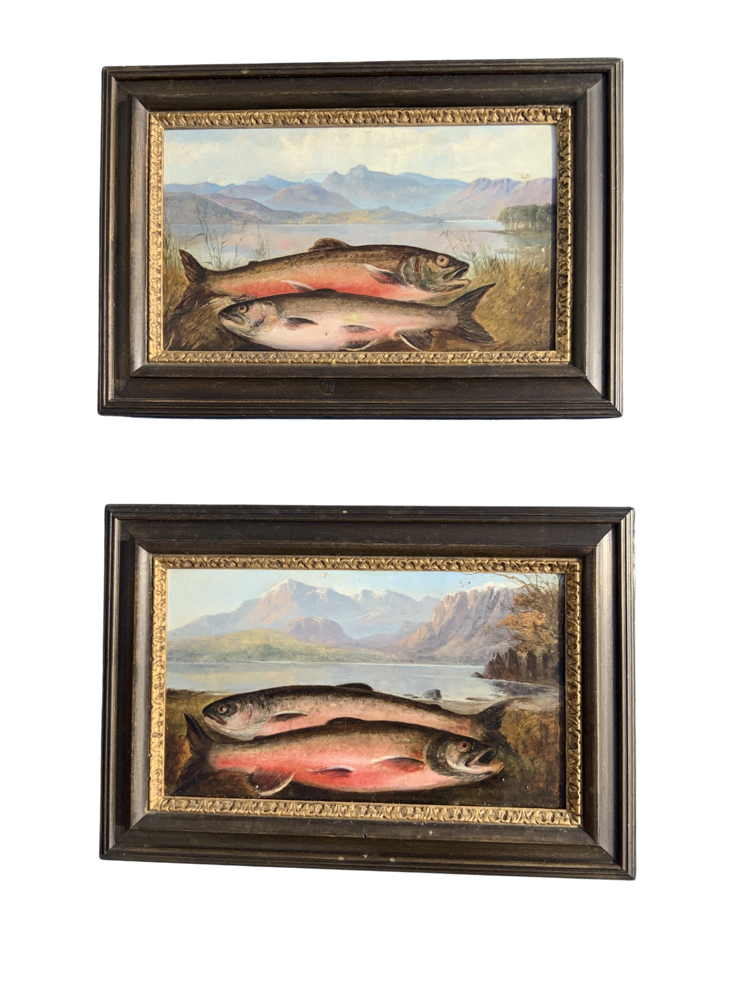 Nineteenth century English school, oil on canvas, a pair, fish on bank before extensive landscape,