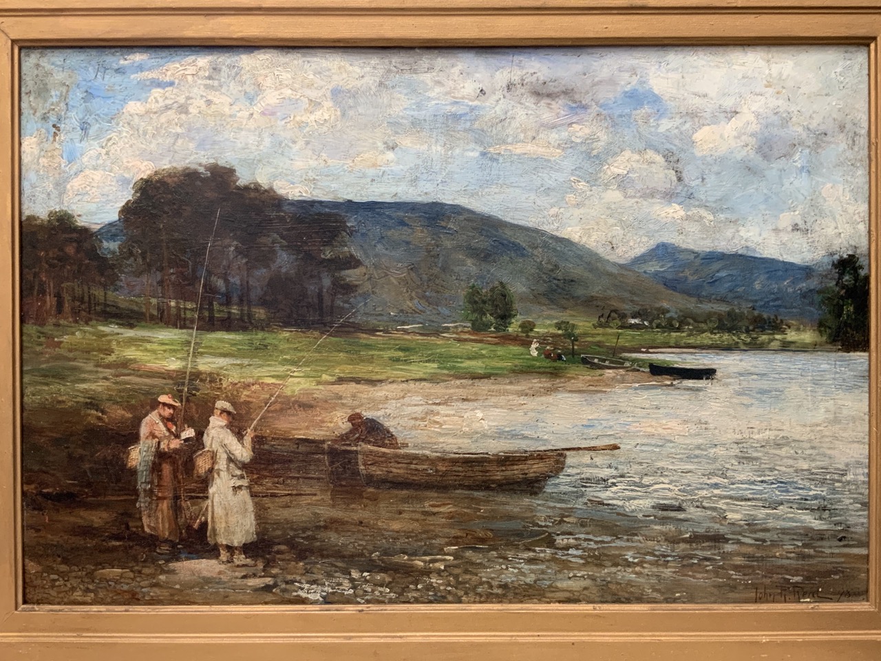 John Robertson Reid, oil on canvas, two fishermen with rods at lochs edge, signed and dated 1898,