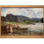 John Robertson Reid, oil on canvas, two fishermen with rods at lochs edge, signed and dated 1898,