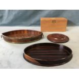 An oval Victorian coromandel vide-poche tray (11.5in); a turned mahogany circular vase stand (