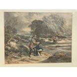 Nineteenth century coloured mezzotint, fisherman with colleague on riverbank about to gaff a fish,
