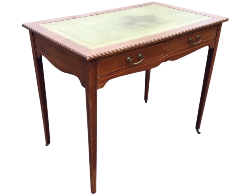 An Edwardian mahogany writing desk, the top with tooled leather skiver framed by satinwood