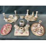 An Edwardian Staffordshire dressing table set on tray printed with flowers; a similar floral