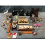 A miscellaneous items including cased Carl Zeiss binoculars, two leather and silverplated hip