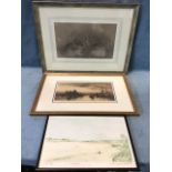 C20th pencil study of rabbits, unsigned, mounted & framed; Michael Hems? coloured print, river