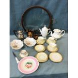 Miscellaneous items including a Victorian teapot, a circular glass tray with brass handles having