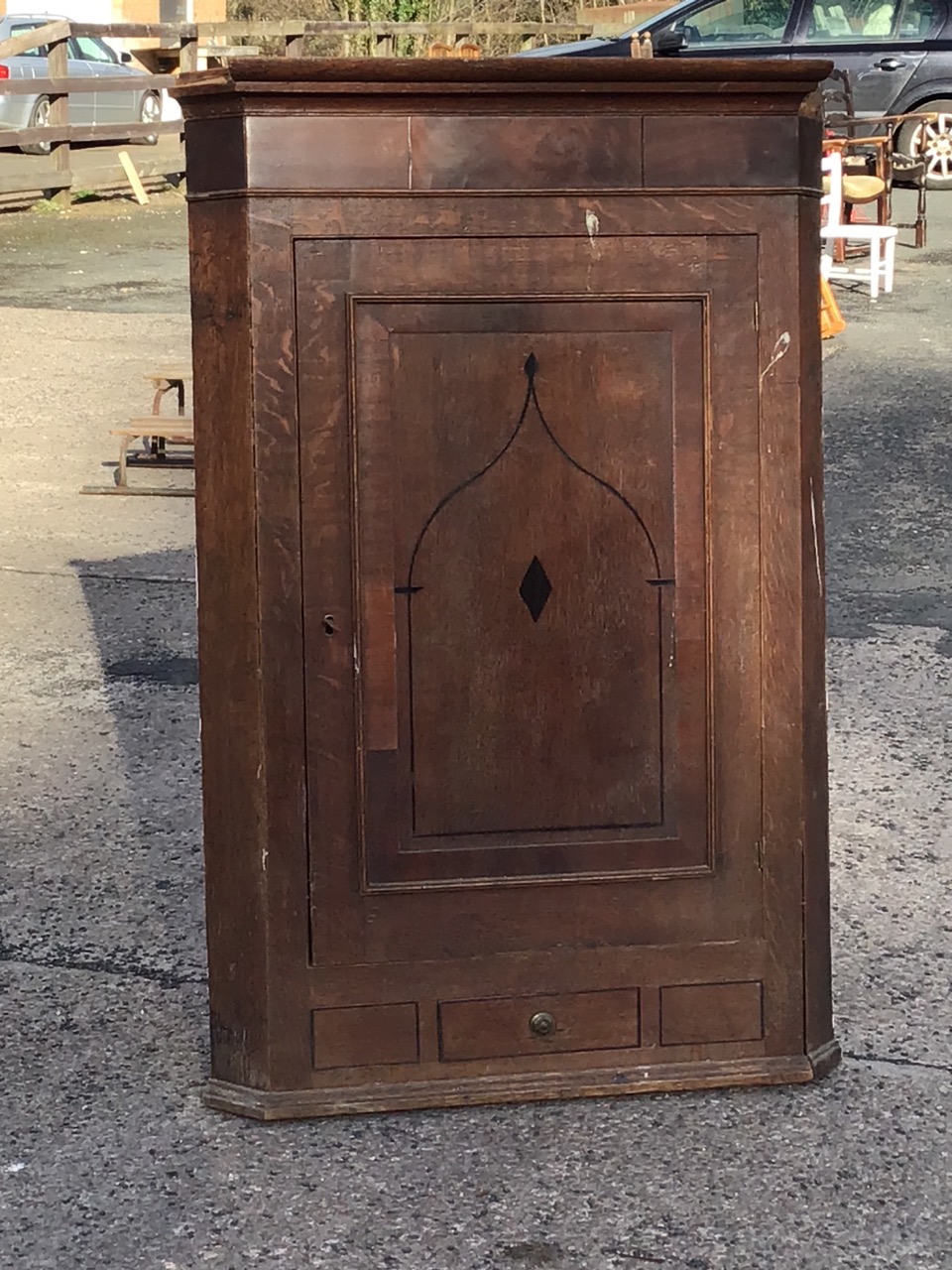 A nineteenth century oak corner cabinet with moulded cornice above a frieze set with mahogany - Image 2 of 3