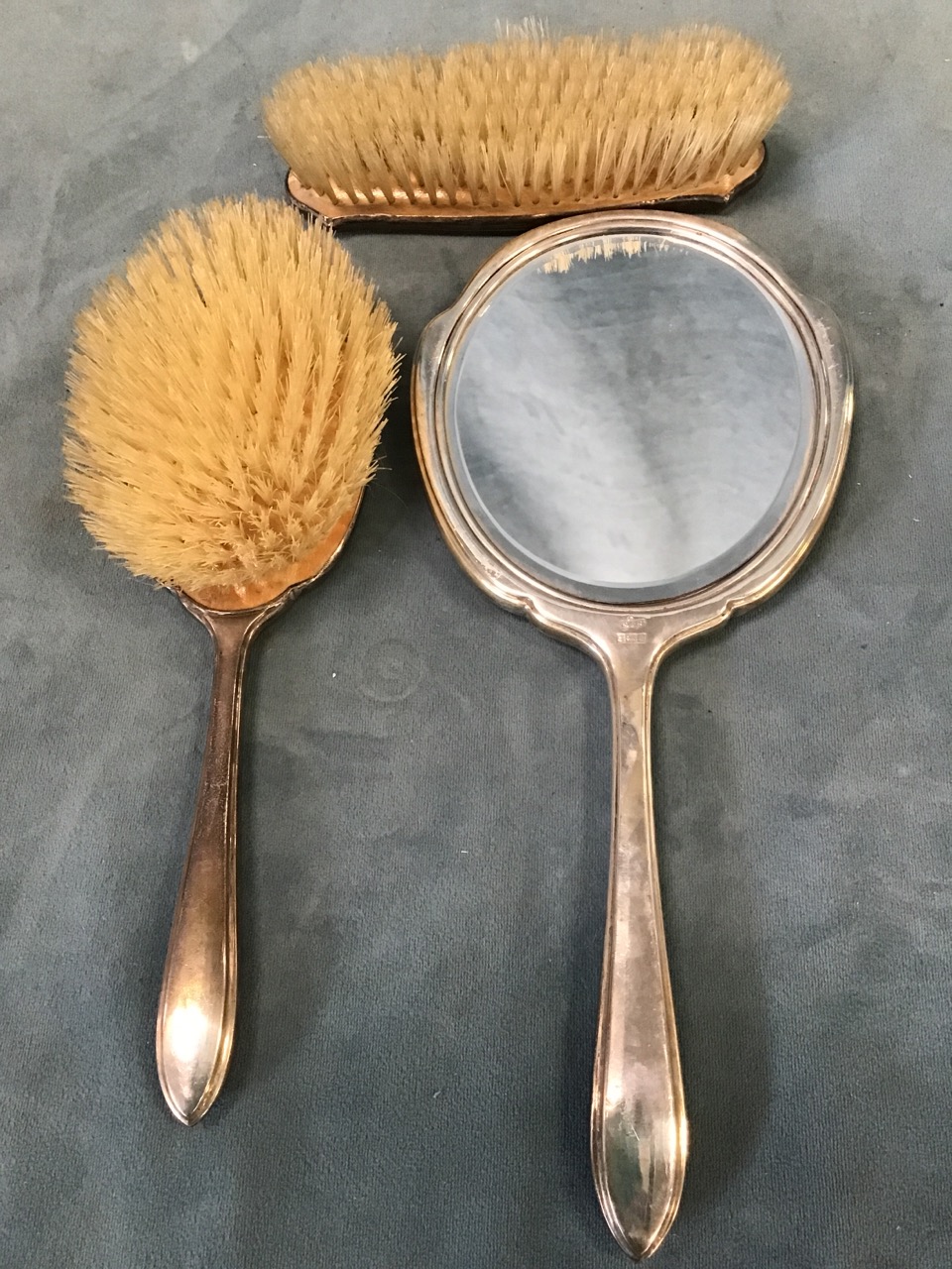 A Birmingham hallmarked three-piece ladies dressing table set with engine turned decoration; three - Image 2 of 3