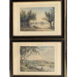 Edward Fielding, watercolours, a pair, river landscapes with fishing from punt and on riverbank,