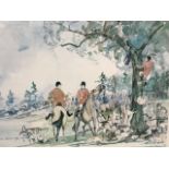 Mark Huskinson, coloured hunting print with caption - What are we Hunting Today Master? and vignette