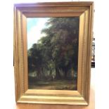 Nineteenth century oil on canvas, wooded landscape with two figures beneath trees, attributed to