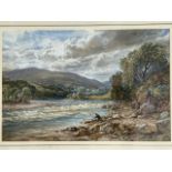 Arthur Perigal, watercolour, river landscape with two fishermen on bank landing a fish, signed and