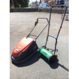 A Flymo hover vac electric garden mower - turbo compact 350 model; and a push-along Powerbase garden