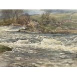 Arthur Reginald Smith, RWS, RSA, watercolour, river landscape with fisherman in rapids, signed,