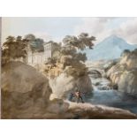 JV Barter, pencil and watercolour, Victorian landscape with two fishermen on bank beneath rapids and