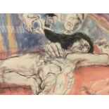 C20th pen & watercolour, Samson and Delilah - figurative study, signed with monogram, mounted and in