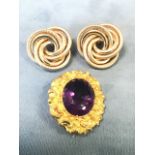 A pair of 9ct gold knot earrings - 0.25in; and a Victorian unmarked yellow metal claw-mounted