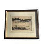 Norman Wilkinson, etching, fisherman in river with trout in net, signed in pencil on margin, mounted