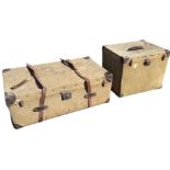 A 3ft lined canvas bound trunk by Henry Murton with leather straps and corner mounts raised on