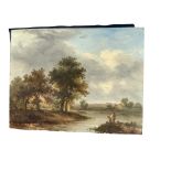 Nineteenth century oil on oak board, two young fishermen on riverbank in extensive landscape with