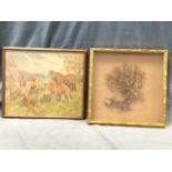An oak framed 50s Margaret Tarrant childrens farmyard print, signed in print; and a square gilt