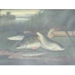 A Roland Knight, oil on canvas, a pair, fish on riverbank with rod titled verso The Last Catch of