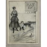Wallis Mills, monochrome watercolour cartoon wash, title May, with mother & child on riverbank