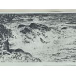 DJ Robertson, etching, salmon jumping rapids, signed in pencil on margin, mounted & framed. (13.