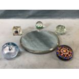 Five miscellaneous paperweights and a Victorian mirrored surtout de table - a C19th glass millefiori