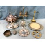 Miscellaneous silver plate, stainless steel, brass, etc., including a large Victorian oval gadrooned