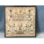 A square 1835 sampler, with ditty framed by flowers, birds, winged putti, figures, building,