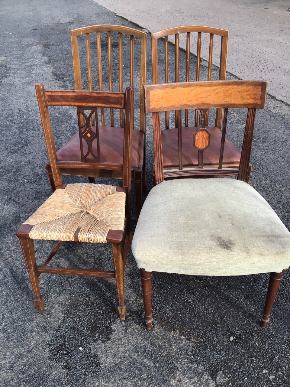 A pair of Edwardian boxwood inlaid mahogany chairs with arched spindlebacks above drop-in - Image 3 of 3