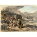 AF Rolfes Angling Scenes, hand coloured engraving by Gauci, fishermen on riverbank admiring fish,