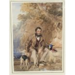 JH Mole, watercolour, portrait of young man on riverbank with rod and dog, signed and dated 1846,