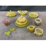 A collection of Davidsons uranium yellow pearline glass including two butter dishes & covers, two