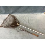 A telescopic Hardy salmon gaff with string whipped handle; and a telescopic folding landing net with