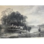 A Victorian steel engraving of a pastoral ford landscape scene with horse and cart crossing the