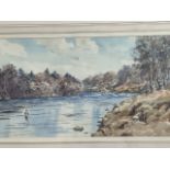 Maud Parker, watercolour, river landscape with fisherman and onlooker, signed, mounted & framed. (