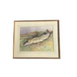 William Walls, RSA, RSW, watercolour, pike on riverbank with bait, signed, Fine Art Society Label to