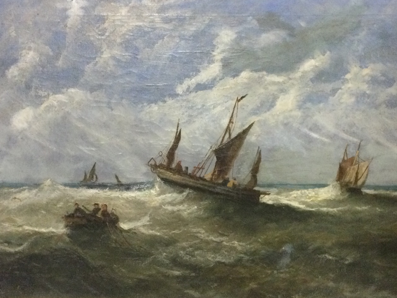 After Edwin Hayes, oil on canvas, shipping in choppy seas, signed & framed and labelled. (29.5in x