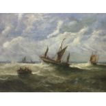 After Edwin Hayes, oil on canvas, shipping in choppy seas, signed & framed and labelled. (29.5in x