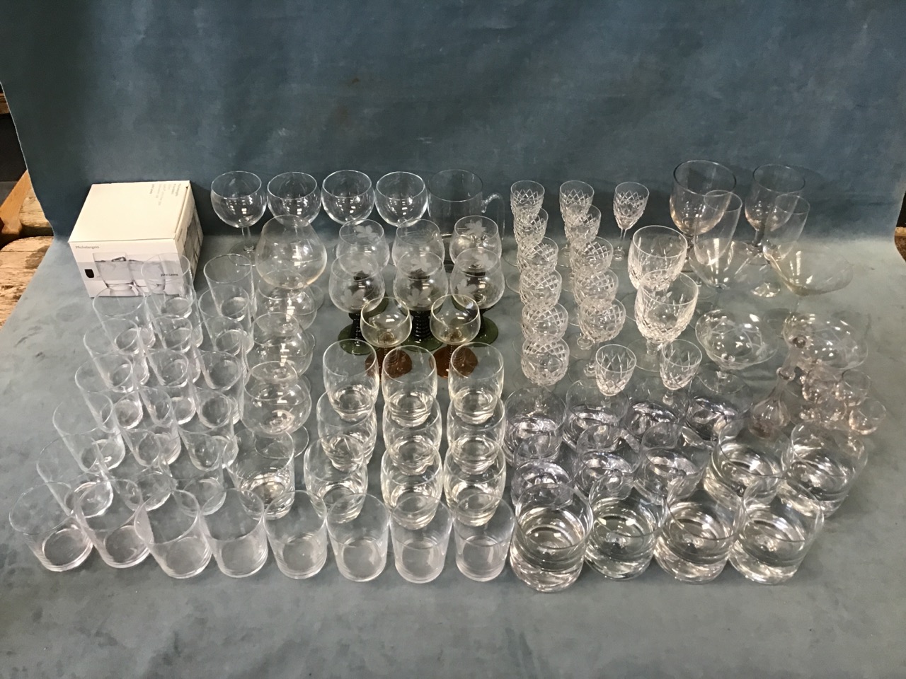 Miscellaneous glasses including sets of Edinburgh cut crystal, brandy balloons, tumblers, wine