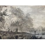 Raphael Lamar West, pen & ink sepia wash, angler beneath willow in river landscape, unsigned,