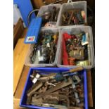 A large quantity of hand tools - spanners, chisels, saws, drills, screws, a jack, hacksaws, hammers,
