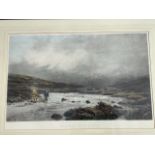 Douglas Adams, photogravure, stormy river landscape with fisherman and ghillie below bridge,