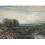 James Orrock, watercolour, extensive landscape with distant castle and two fishermen in river,