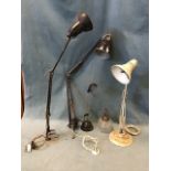 Three anglepoise type lamps, a glass oil lamp base with brass mounts converted to electricity, and