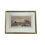 Thomas Miles Richardson Snr, watercolour, landscape with fisherman on river by ruin, labelled to