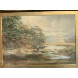 J Somerscales, watercolour, river landscape, young boy fishing standing on rocks, signed and dated